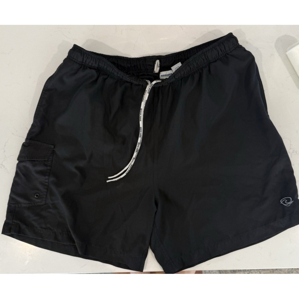 Men's Wave Zone Black Cargo Swim trunks Size Large Drawstring Pockets Logo